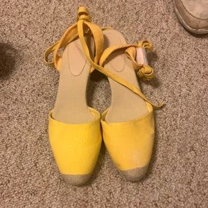 Urban Outfitters lace up mini wedge yellow sandals